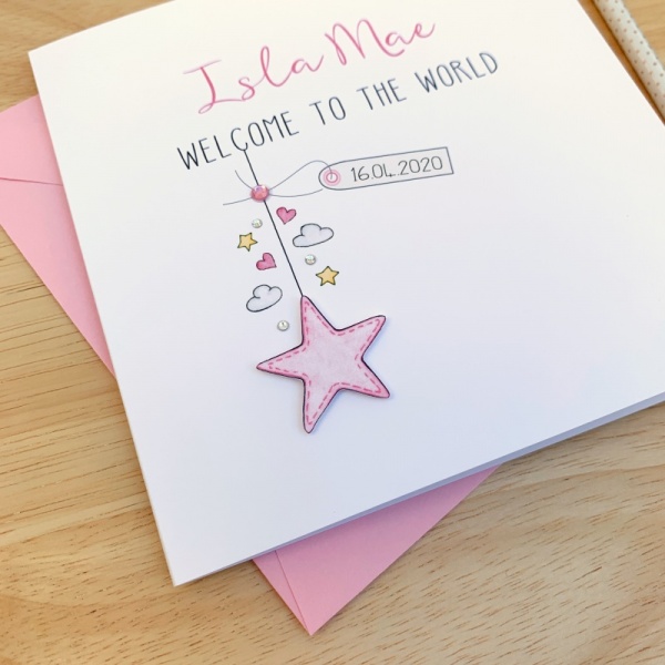 Handmade Personalised Baby Girl Card - Welcome to the World Card - Star